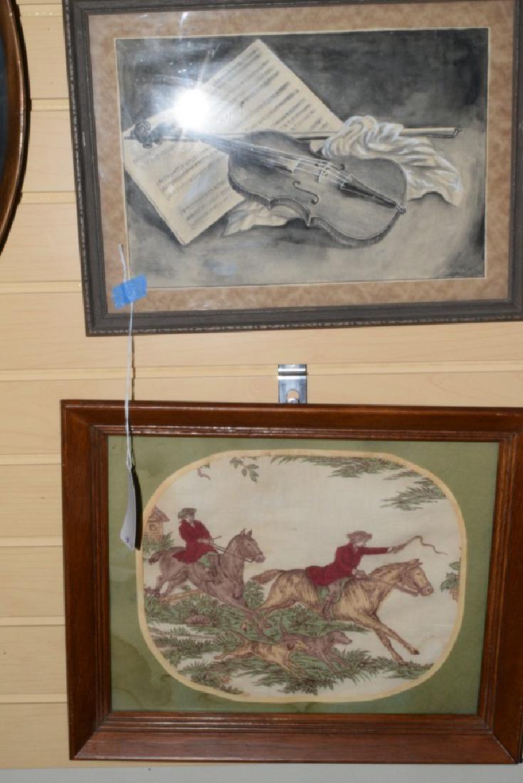 FRAMED HUNTING TAPESTRY AND A FRAMED ORIGINAL PENCIL: FRAMED HUNTING TAPESTRY - FRAMED BEHIND GLASS - FRAMED ORIGINAL PENCIL DRAWING OF A VIOLIN AND MUSIC SHEET - UNKNOWN ARTIST - TAPESTRY HAS SOME DISCOLORATION IN ONE CORNER