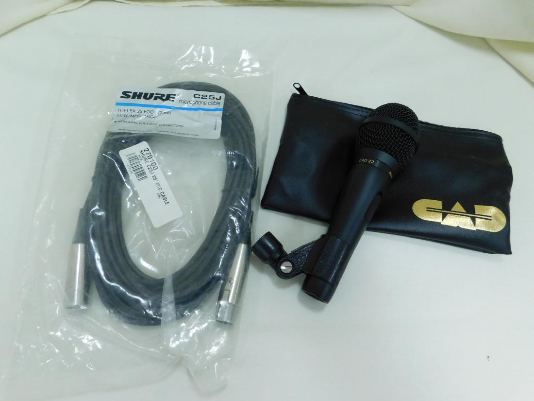 CAD MICROPHONE & SHURE MICROPHONE CABLE: CAD MICROPHONE & SHURE MICROPHONE CABLE - CAD 22 MICROPHONE - STAND CLAMP - ZIPPER STORAGE POUCH & NIP SHURE MICROPHONE CABLE C25J - HIGH FLEX 20 FOOT CABLE - LOW IMPUDENCE - ALL APPEAR IN GREAT CONDI