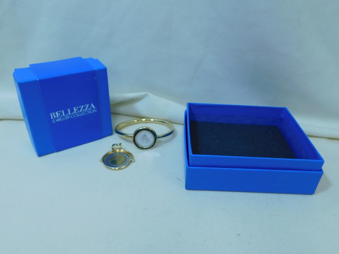 BELLEZZA BEE LIRA BRACELET AND ITALIAN PENDANT: BELLEZZA BEE LIRA BRACELET - BLACK SPINEL BRONZE 2 TONE HINGED BRACELET - PLUS AN ITALIAN INSPIRED PENDANT - COIN BATHED IN 18K GOLD - BRACELET HAS COA AND ORIGINAL BOXES
