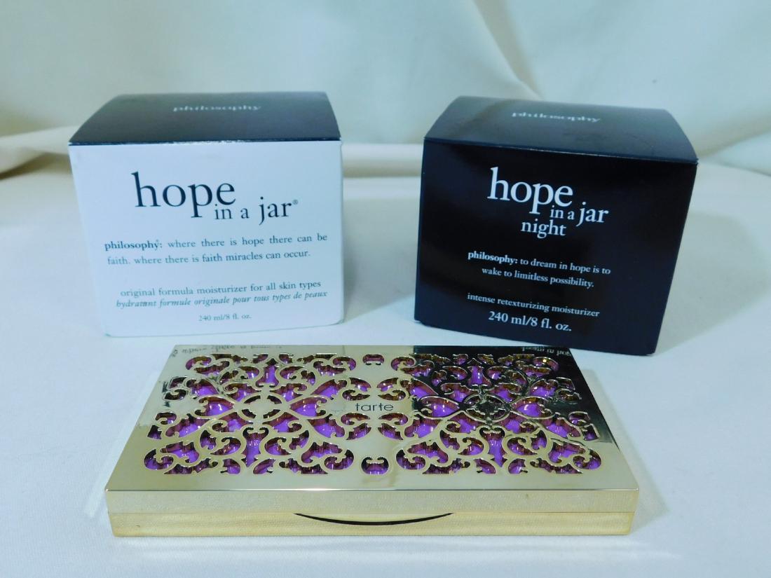 NIB 8 OZ PHILOSOPHY - HOPE IN A JAR AND HOPE IN A: NIB PHILOSOPHY - HOPE IN A JAR - 8 FL OZ AND HOPE IN A JAR NIGHT - 8 FL OZ PLUS A NEW TARTE BLUSH BLIS SET IN BRASS CASE