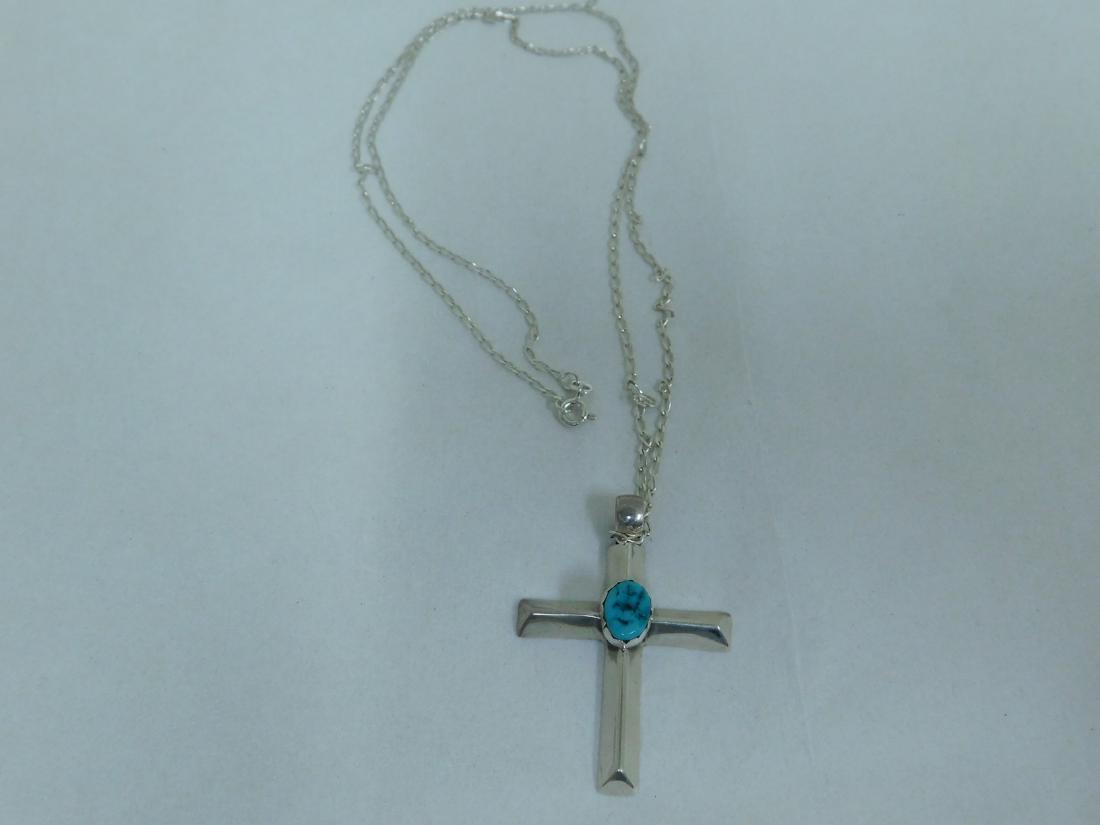 STERLING AND TURQUOISE CROSS PENDANT ON 24 CHAIN (1 of 5)