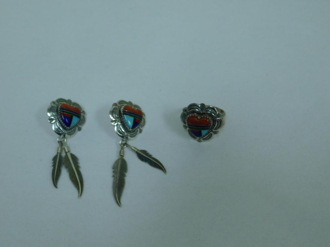 PAIR OF INLAID 925 HEART EARRINGS AND MATCHING RIN (1 of 6)