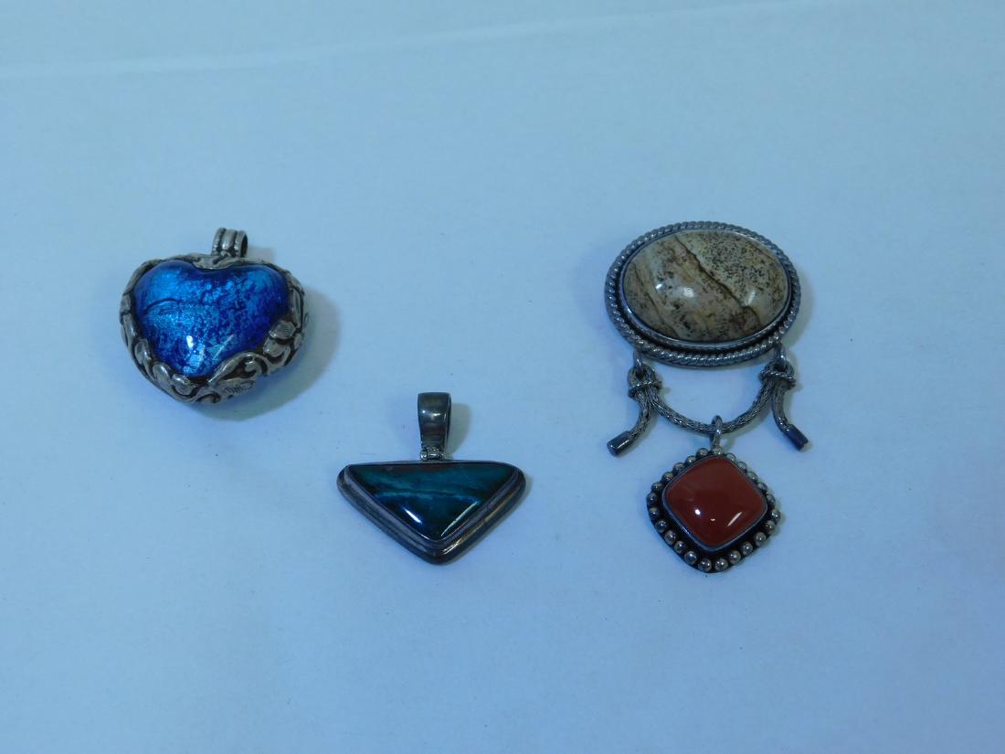 3 STONE PENDANTS: 3 STONE PENDANTS - 925 BA INDONESIA BROWN MARBLE STONE LOOKING PENDANT/PIN - HEART SHAPED BLUE STONE LIKE PENDANT NO MARKINGS & SMALL GREEN STONE TRIANGULAR PENDANT - NO MARKING