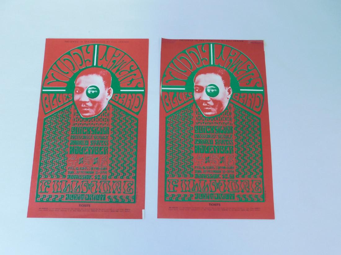 2 MUDDY WATERS BLUES BAND PLAY/HAND BILLS: 2 MUDDY WATERS BLUES BAND PLAY/HAND BILLS - BILL GRAHAM PRESENTS - FILLMORE AUDITORIUM - MUDDY WATERS BLUES BAND - QUICKSILVER MESSENGER SERVICE - ANDREW STAPLES - ONE HAS TAPE & TAPE RESIDUE