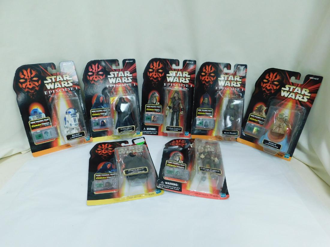 STAR WARS EPISODE 1 FIGURINES NIP: STAR WARS EPISODE 1 FIGURINES NIP - 7 COMMTECH CHIP FIGURINES - YODA, DARTH MAUL, RUNE HAAKO, R2-D2 - SOME DUPLICATES - MINOR WEAR TO PACKAGING.