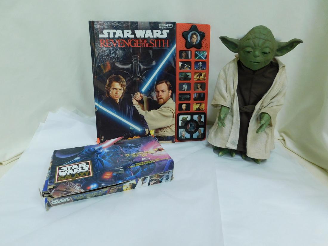 ANIMATRONIC YODA FIGURE & MORE: ANIMATRONIC YODA FIGURE & MORE - 12 ANIMATRONIC TALKING YODA - UNTESTED - NEEDS BATTERIES - 1993 TOPPS STAR WARS GALAXY TRADING CARDS IN ORIGINAL BOX - BOX IS HEAVILY WORN - APPROX. 140 CARDS & MORE.