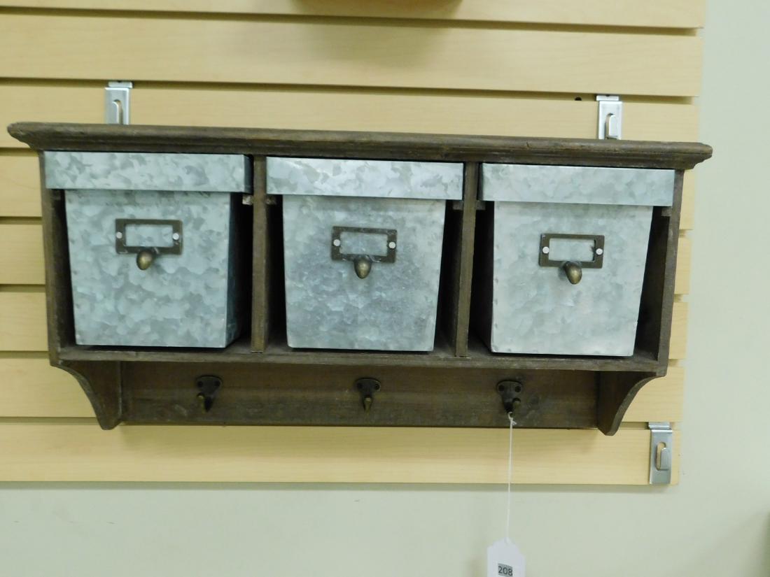 WOOD WALL SHELF WITH 3 TIN DRAWERS: WOOD DECORATIVE WALL SHELF WITH 3 TIN DRAWERS - 3 HOOKS FOR HATS ETC. UNDERNEATH DRAWERS - CUTE