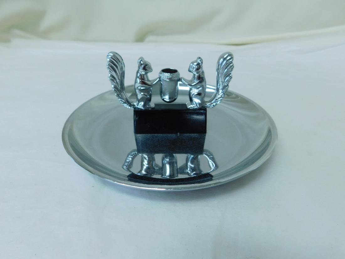 HAMILTON CHROME ASH RECEIVER WITH SNUFFER: HAMILTON CHROME ASH RECEIVER WITH SNUFFER - 2 BUSH TAILED SQUIRRELS HOLDING ACORN SNUFFER - ON BLACK PLATFORM - CORK BOTTOM