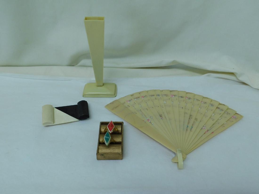 CELLULOID HATPIN HOLDER & MORE: CELLULOID HATPIN HOLDER & MORE - 2 RINGS - BELT BUCKLE & FAN