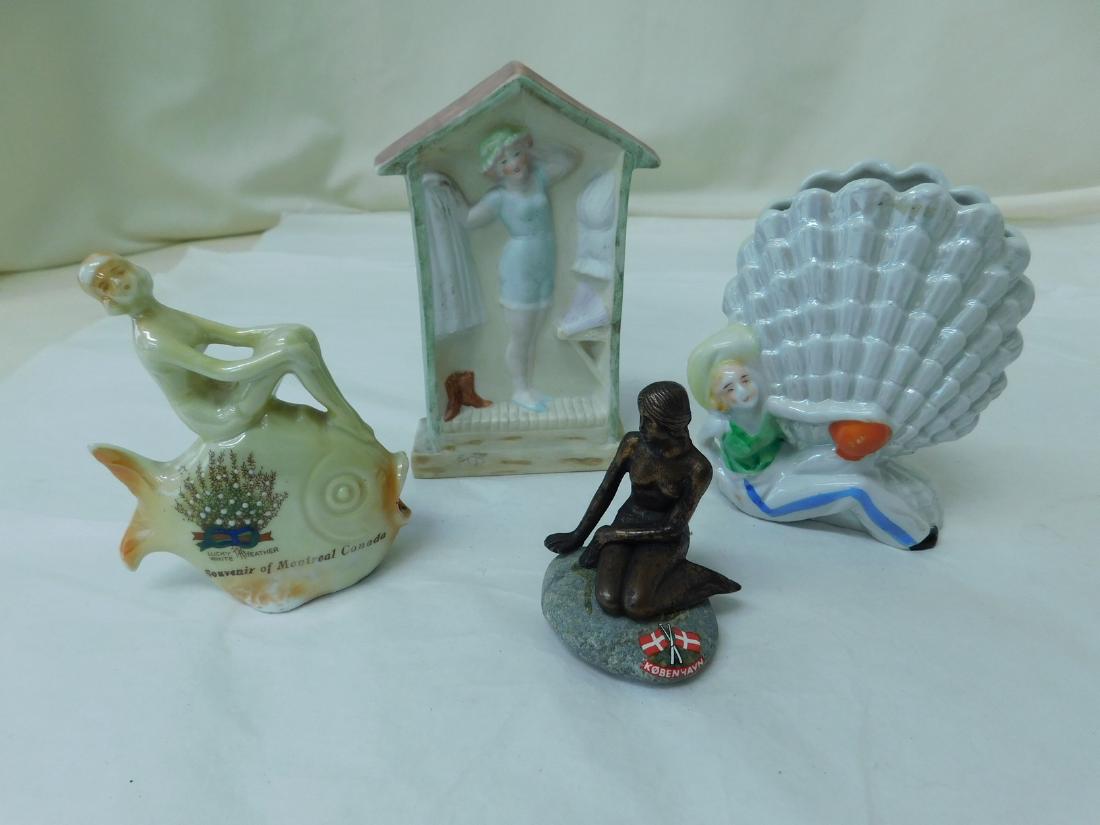 4 VINTAGE BATHING BEAUTIES: 4 VINTAGE BATHING BEAUTIES - BATH HOUSE BATHING BEAUTY- MADE IN GERMANY - 1920S CANADA LEMON LUSTRE NUDE BATHING BEAUTY ON GIANT FISH - MADE IN GERMANY - COPENHAGEN COPPER COLORED BATHING BEAUTY SITTI
