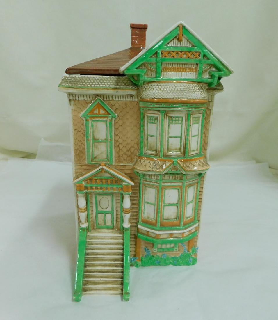 TOWNHOUSE COOKIE JAR: TOWNHOUSE COOKIE JAR - BROWN & GREEN COLORS - APPROX. 11 INCHES - GOOD CONDITION