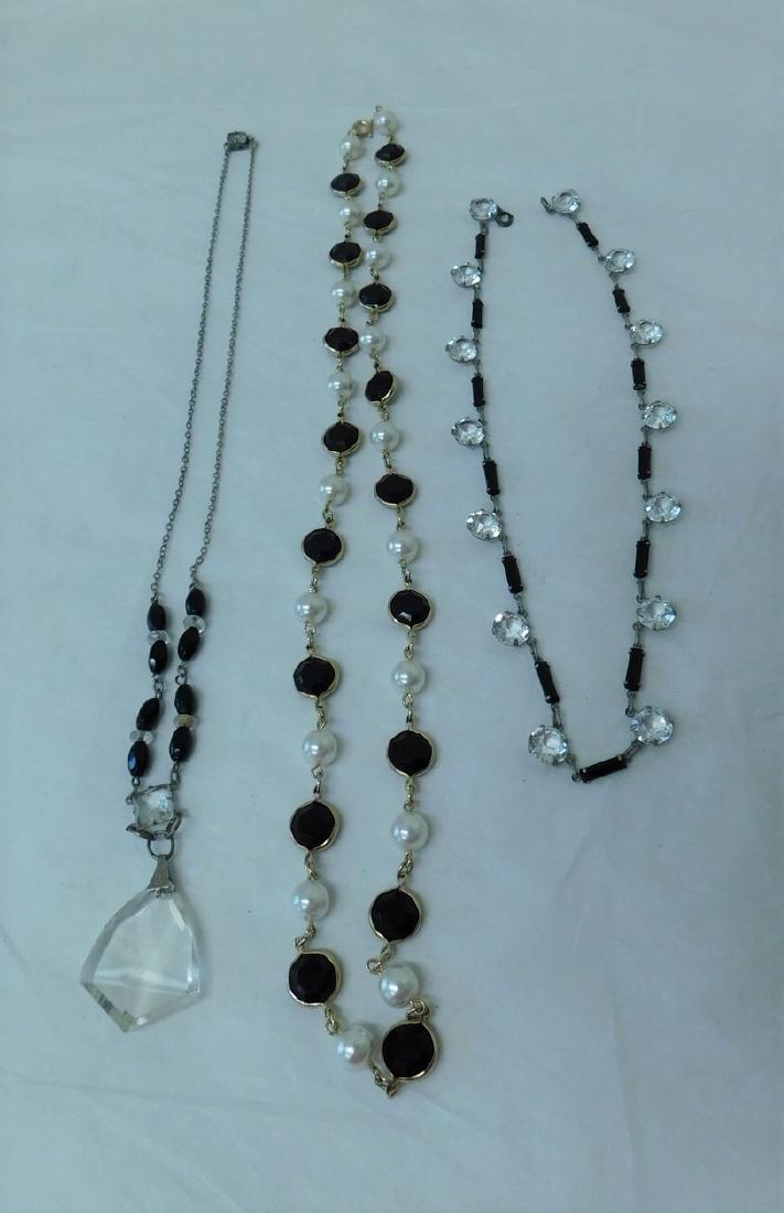 ART DECO CHOKER & MORE: ART DECO CHOKER & MORE - ART DECO CHOKER WITH BEZEL SET CRYSTALS & RECTANGULAR ONYX - SYNTHETIC PEARLS & BLACK BEADS NECKLACE & ANTIQUE CRYSTAL & BLACK GLASS BEAD NECKLACE WITH A CRYSTAL INSET IN THE 