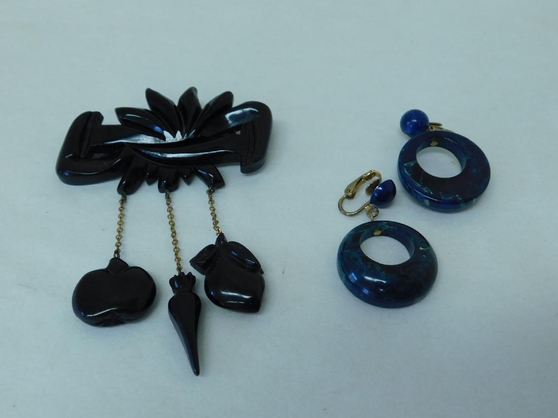 CARVED BLACK BAKELITE DANGLE PIN & BLUE MOON EARRI (1 of 4)