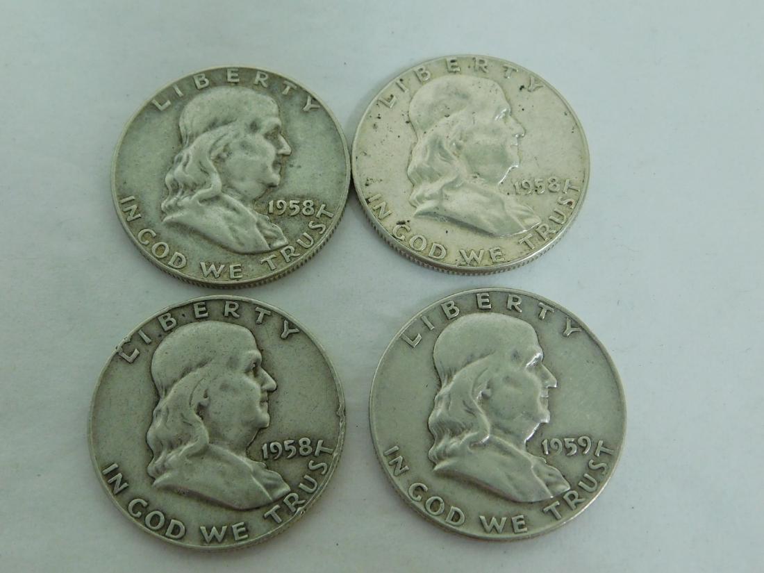 3 1958 & 1 1959 FRANKLIN SILVER HALF DOLLARS (1 of 10)