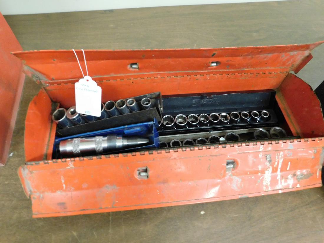 SMALL USED RED TOOLBOX - CRAFTSMAN AND 2 OTHER SOC: SMALL USED RED METAL TOOL BOX - USED CONDITION - SET OF 8 CRAFTSMAN SOCKETS - IMPACT DRIVER - SET OF 11 CHROME AND A SET OF 9 OLDER SOCKETS- ALL USED CONDITION