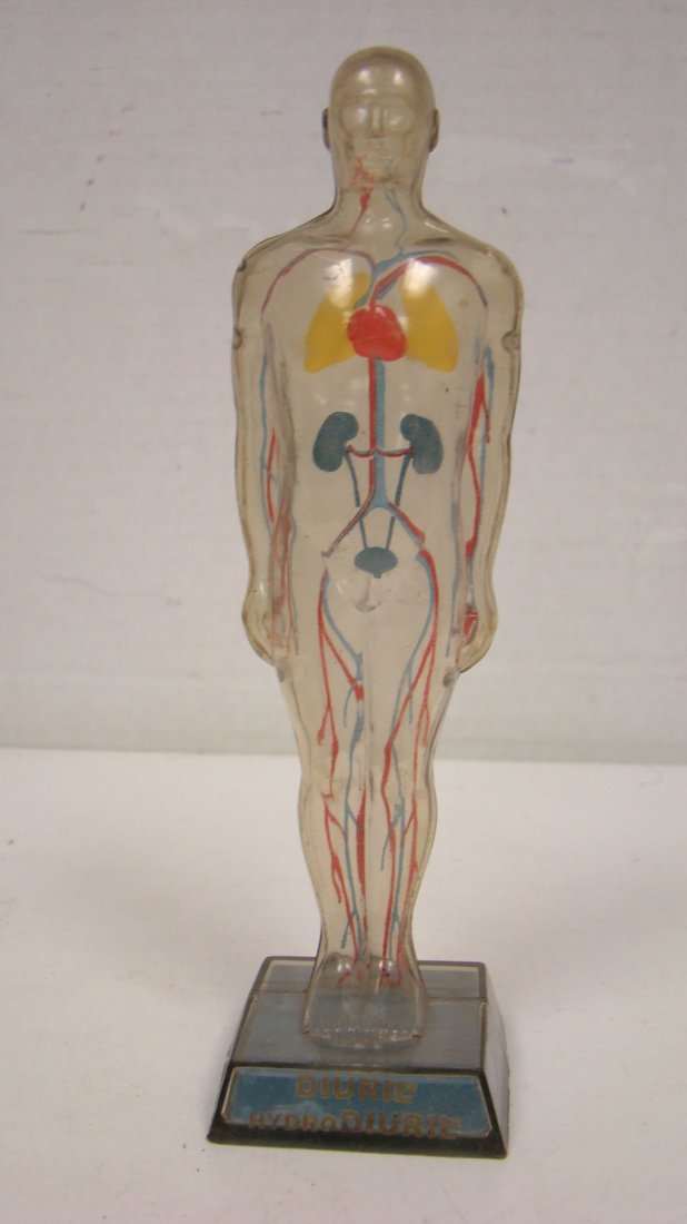 VINTAGE HYDRO DIUREL AD FIGURE: VINTAGE HYDRO DIUREL ADVERTISING FIGURE CLEAR PLASTIC WITH ORGANS REFLECTED BY COLOR APPROX. 6 1/2 INCHES TALL