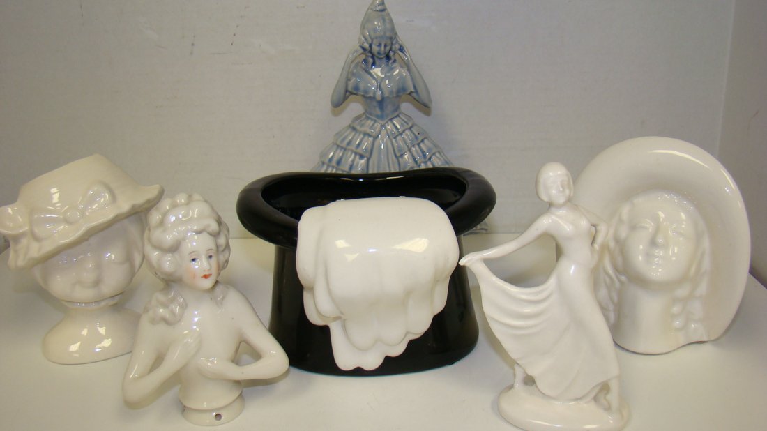 VINTAGE CERAMIC HEAD VASES, HALF DOLL, TOP HAT...: VINTAGE CERAMIC HEAD AND TOP HAT VASES, HALF DOLL, SCARF DANCER, AND VICTORIAN CERAMIC BLUE FIGURE - TOP HAT VASE CERAMIC BLACK TOP HAT AMD WHITE GLOVE VASE - 4''x 5'' - 1981 WHITE CERAMIC HEAD VASE -