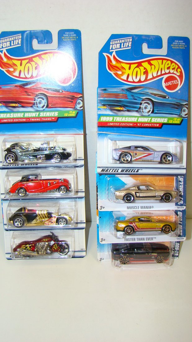 NIP WHEELS TREASURE HUNT SERIES CAR AND MORE -9 TOTAL: NIP TREASURE HUNT SERIES 1997 - TWANG TANG - #1 OF 12 AND SCORCHIN SCOOTER #2 OF 12, 1999 - 1999 - '97 CORVETTE - #3 OF 12, SALTFLAT RACER #6 OF 12, MERCEDES 540K #1 OF 12, AND 2010 NIP MUSCLE MANIA 1