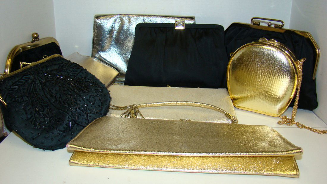 VARIOUS VINTAGE HANDBAGS/PURSES/CLUTCHES: VARIOUS VINTAGE HANDBAGS/PURSES/CLUTCHES - BLACK, GOLD AND SILVER COLOR - GREAT LOT - 9 PURSES TOTAL