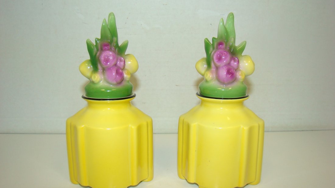 2 BAVARIAN DRESSER JARS-FLORAL CORK TOPS: PAIR OF 6.75'' BAVARIAN PORCELAIN DRESSER JARS - YELLOW BOTTOM - PORCELAIN FLORAL ON CORK STOPPERS - GOOD CONDITION