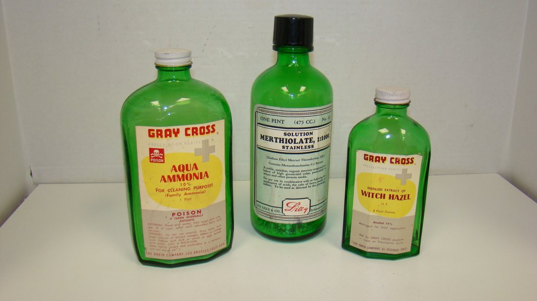 3 GREEN GLASS MEDICINE BOTTLES (1 of 6)