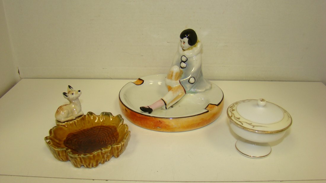 WADE DEER DISH-PIERROT ASHTRAY & SM NIPPON PIECE: SMALL WADE DEER DISH - VINTAGE LUSTER PIERROT ASHTRAY AND SMALL NIPPON COMPOTE