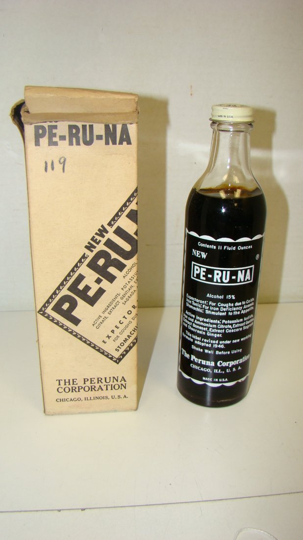 NEW/OLD STOCK ''PE-RU-NA'' EXPECTORANT BOTTLE: NEW/OLD STOCK - PE-RU-NA EXPECTORANT MEDICINE BOTTLE - ORIGINAL BOX - SOME DAMAGE ON TOP OF BOX - 11 OUNCE BOTTLE