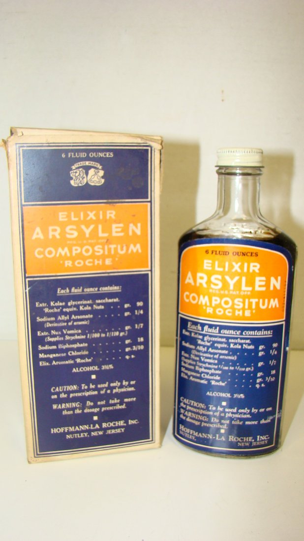 NEW/OLD STOCK 6 OZ ELIXIR ARSYLEN MEDICINE BOTTLE: NEW/OLD STOCK 6 FLUID OUNCE BOTTLE OF ELIXIR ARSYLEN COMPOSITUM - ROCHE - ORIGINAL BOX