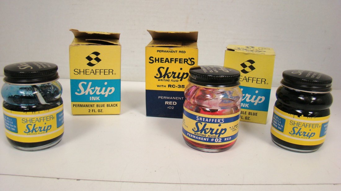 3 SHEAFFER SKRIP INK BOTTLES IN BOXES: 3 VINTAGE SHEAFFER SKRIP INK BOTTLES IN ORIGINAL BOXES - NEW/OLD STOCK PERMANENT BLUE BLACK - FULL - ORIGINAL BOX - TOP TAB TORN OFF - NEW/OLD STOCK WASHABLEBLUE INK BOTTLE - FULL - ORIGINAL BOX - YEL