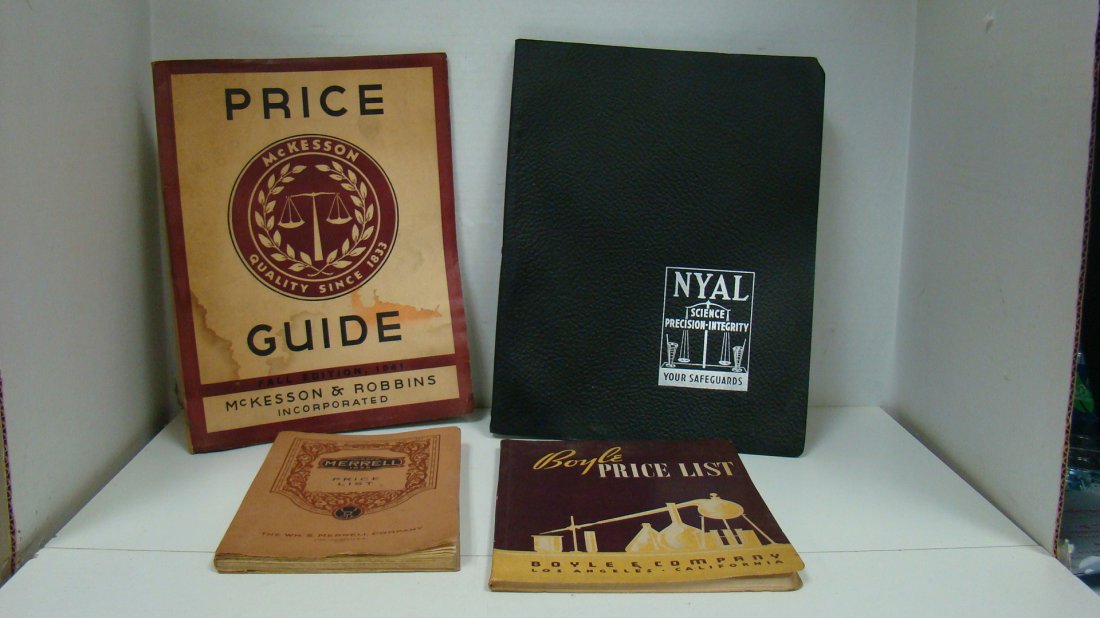 4 VINTAGE PHARMACEUTICAL PRICE GUIDES: 4 VINTAGE PHARMACEUTICAL PRICE GUIDES - VINTAGE NYAL SCIENCE PREECISION-INTEGRITY PRICE LIST - 1941 FALL EDITION McKESSON * ROBBINS PRICE GUIDE - WATER STAIN ON FRONT - 1943 BOYLE PRICE LIST AND NOVEM