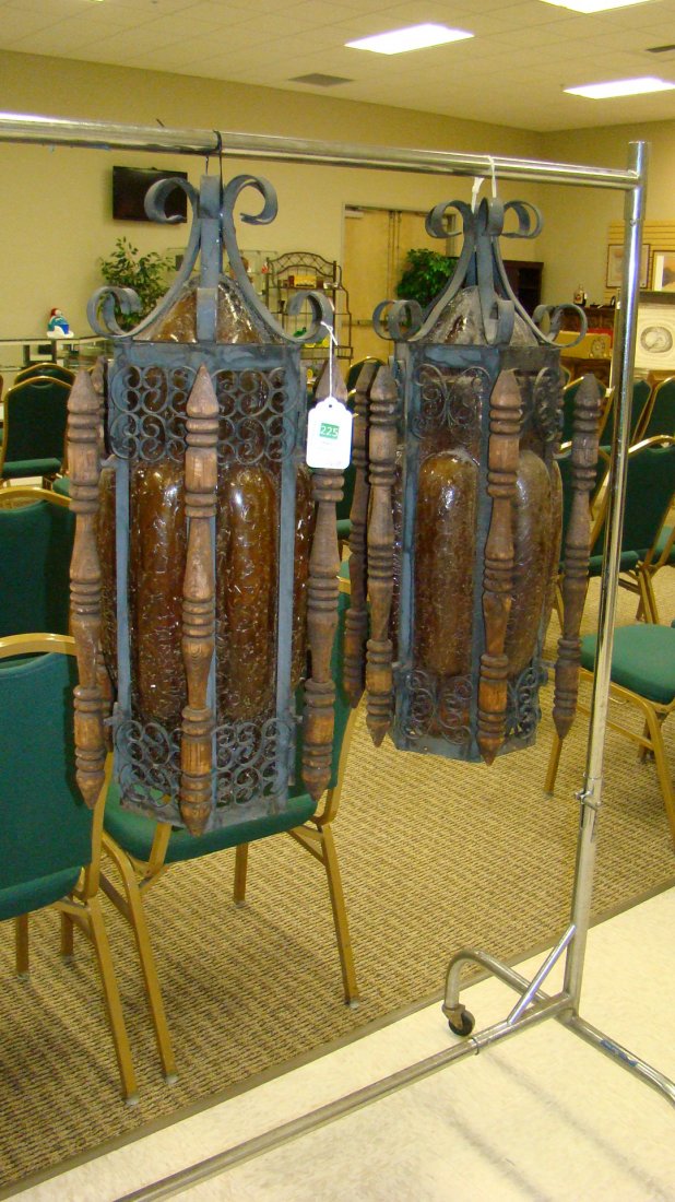 PR VTG CAST IRON & AMBER GLASS HANGING LIGHTS (1 of 4)