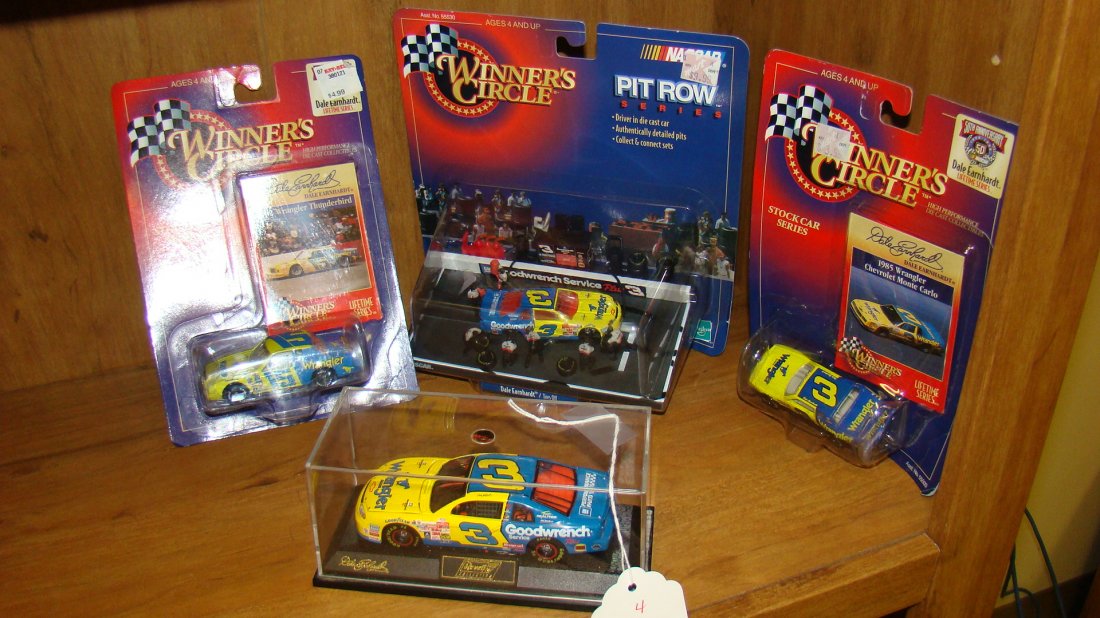 3 NIP WC #3 & #15 CARS & WC PIT CREW & A REVELL CR: 2 NIP WINNERS CIRCLE WRANGLERS #3 AND #15 BLUE AND YELLOW DIE-CAST CARS - 1 WINNER'S CIRCLE NASCAR PIT ROW SERIES DALE EARNHARDT TIRES OFF AND A REVELL DALE EARNHARDT #3 DALE EARNHARDT CAR IN PRESENTA