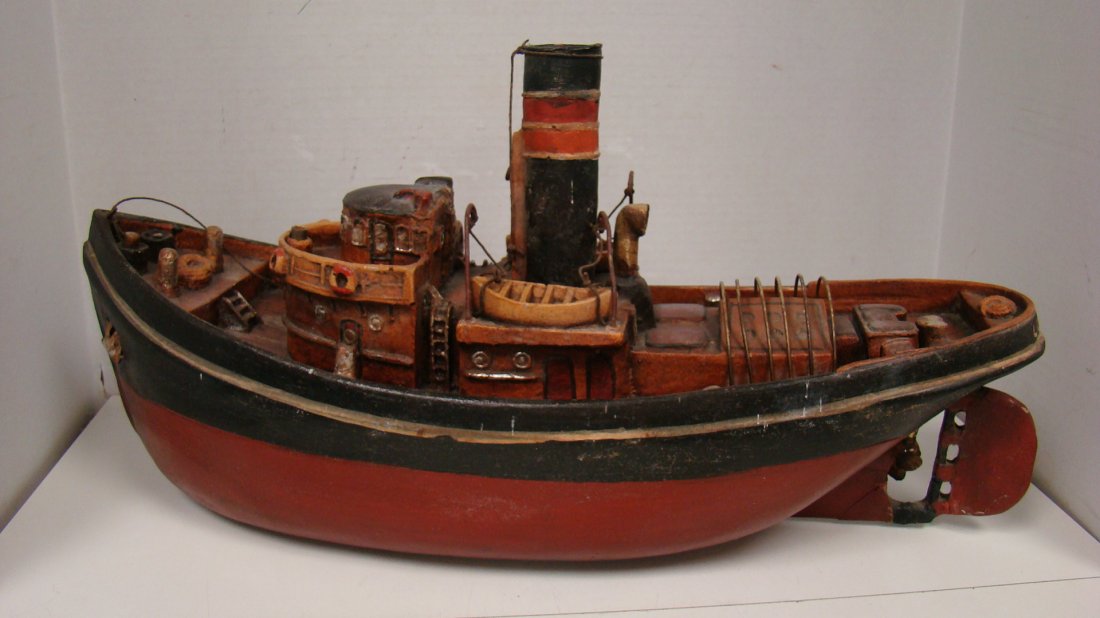 PAINTED WOOD BOAT: RED AND BLACK PAINTED WOODEN STEAM BOAT - NO MARKS - APPROX 10''x 20''