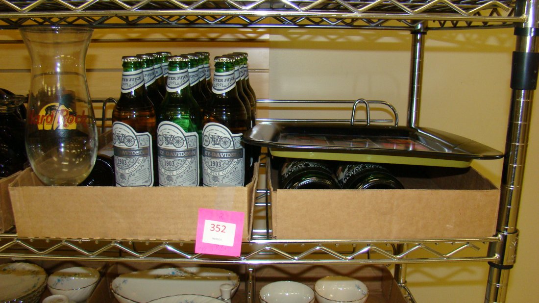 12 HARLEY DAVIDSON WHITE WINE COOLER BOTTLES ONLY -: 2 BOXES - 12 HARLEY DAVIDSON WHITE WINE COOLER BOTTLES ONLY - HARD ROCK CAFE GLASS - 2 ELVIS COLLECTIBLE WINE BOTTLES AND AN ELVIS TRAY