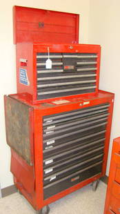 SEARS CRAFTSMAN RED 2-PC ROLLING TOOL BOX-FEW TOOL: USED SEARS CRAFTSMAN ROLLING CHEST ON CHEST TOOL BOX - RED METAL WITH BLACK AND CHROME DRAWERS - TOP PIECE HAS 10 DRAWERS - BOTTOM CHEST HAS 10 DRAWERS - HAS SOME STICKERS ON IT - A FEW HAND TOOLS - B