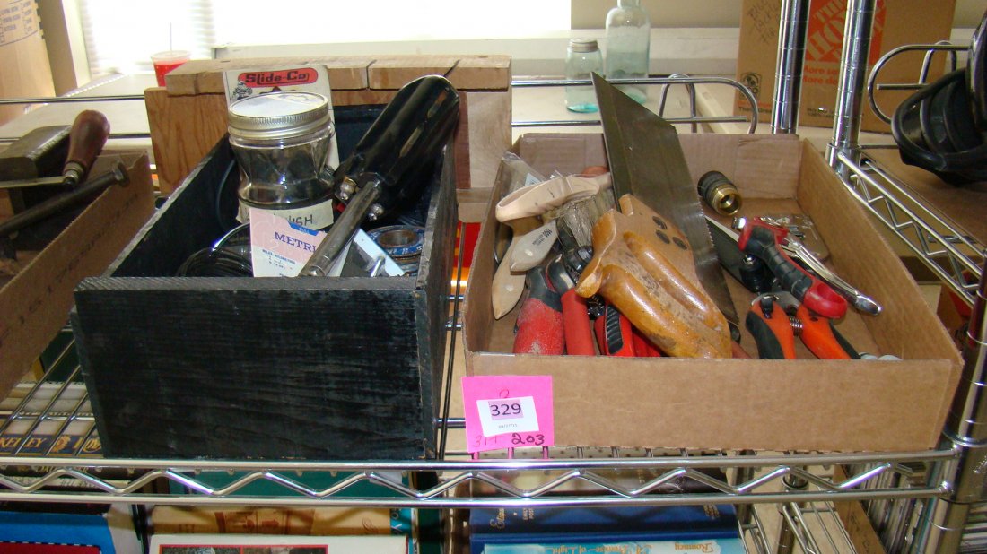 VARIOUS TOOLS: VARIOUS TOOLS - WELLER SOLDERING GUN, MITER SAW AND BOX, BLACK AND DECKER GARDENING TOOL SET, HOE, SNIPPER, NEW PAINT BRUSHES, AND OTHER WONDERFUL ITEMS