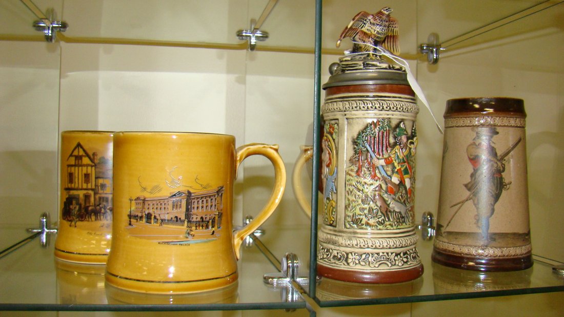 2 WADE BEER MUGS, 1 STEIN AND UNMARKED BEER MUG: 2 WADE BEER MUGS, 1 GERZ STEIN WITH DECORATIVE LID AND UNMARKED BEER MUG