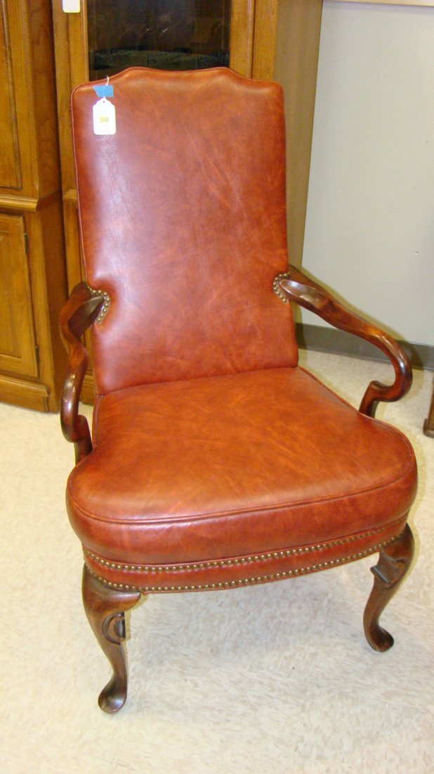 ANTIQUE LEATHER LIKE UPHOLSTERED HIGH BACK ARM CHA (1 of 8)