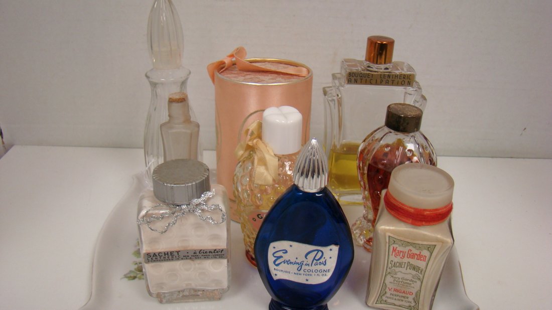 PORCELAIN TRAY & 9 VTG PERFUME BOTTLES (1 of 4)