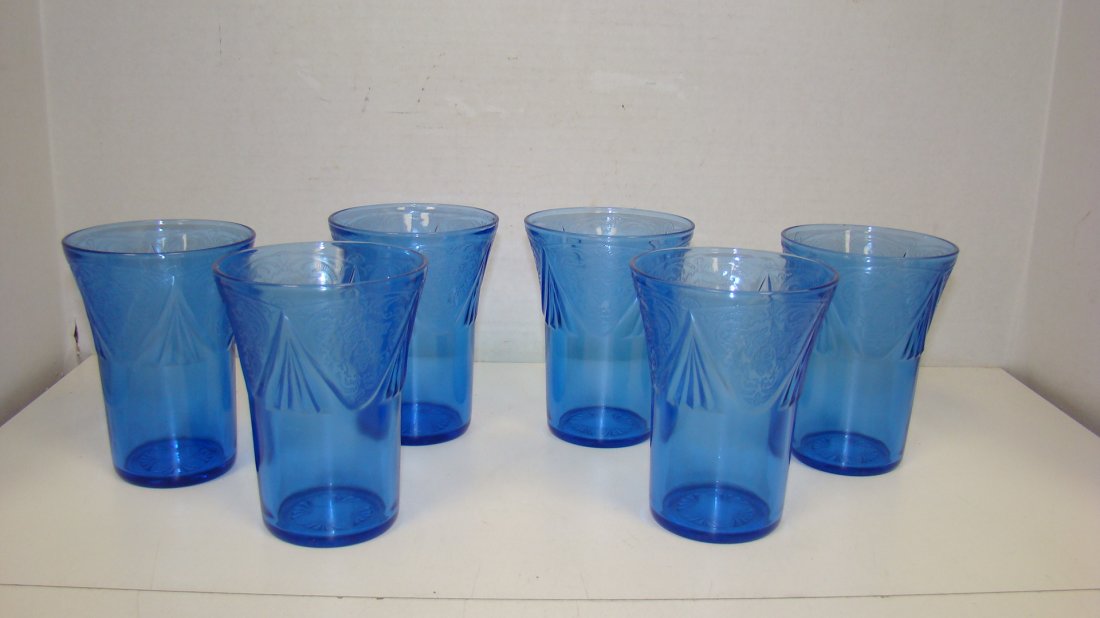 6 HAZEL ATLAZ BLUE GLASS 4'' CUPS: SET OF 6 HAZEL ATLAS BLUE GLASS 4'' CUPS - GOOD CONDITION