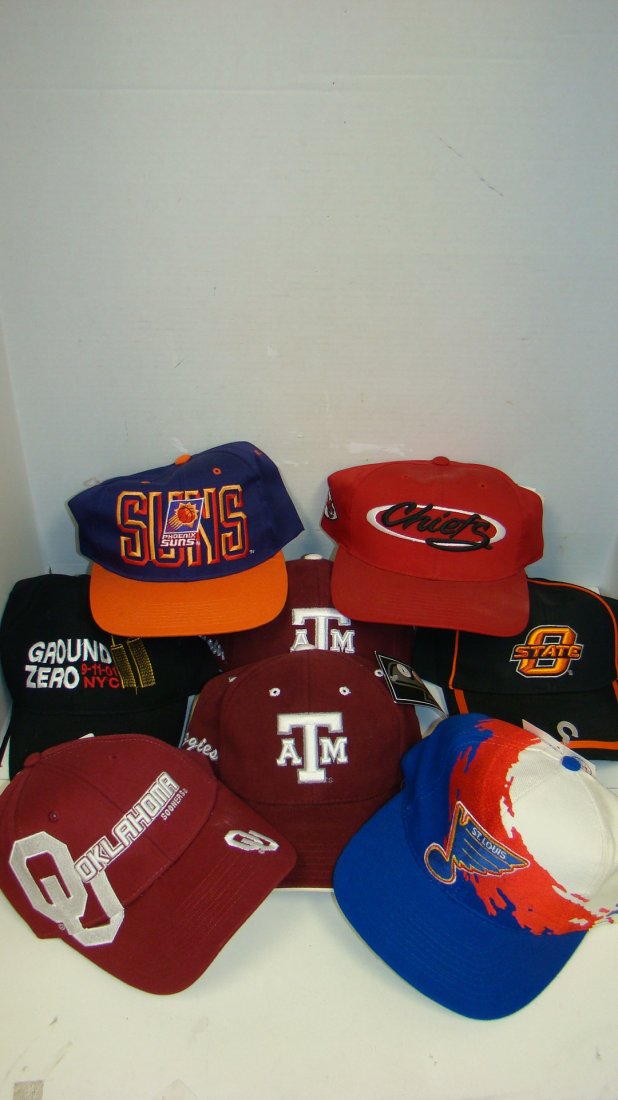 8 NWT BALL CAPS: 8 NEW WITH TAGS BALL CAPS - CHIEFS - OHIO STATE - (2) TEXAS A&M - PHOENIX SUNS - GROUND ZERO 9-11-01 - OKLAHOMA SOONERS AND ST. LOUIS