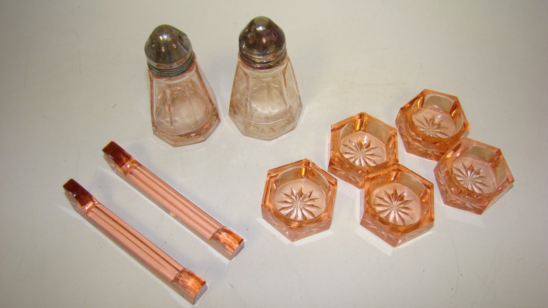 PINK DEPRESSION GLASS-SALT & PEPPER-SALTS & KNIFE (1 of 6)