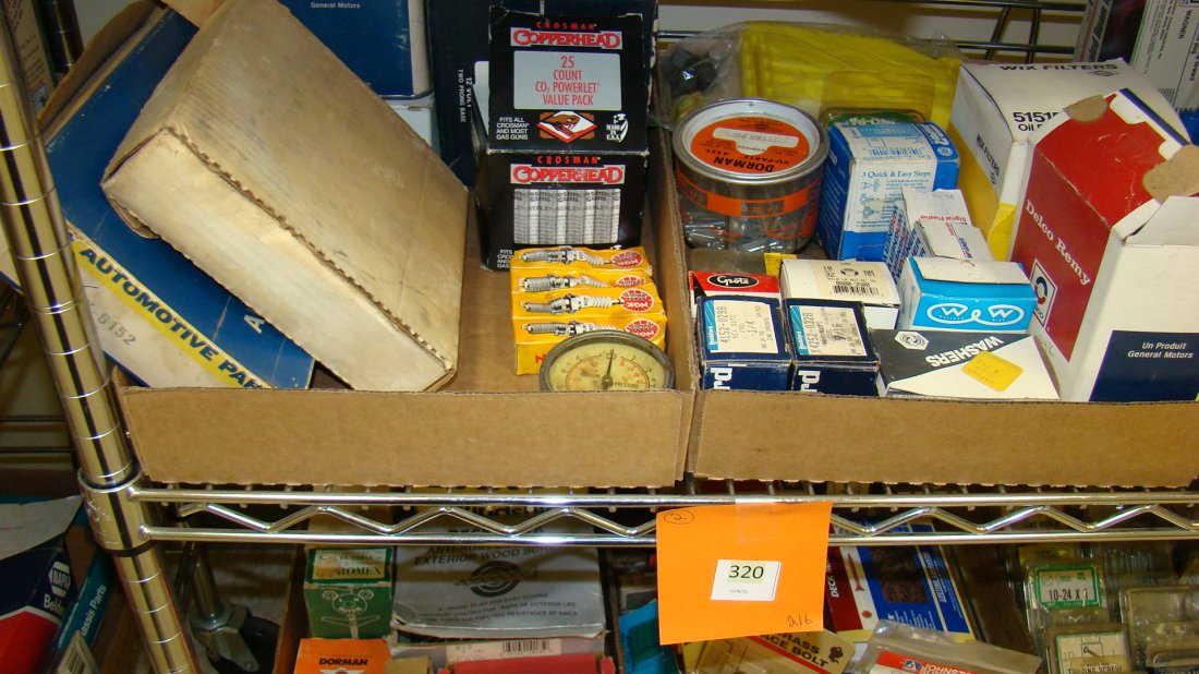 2 BOXES HARDWARE AND AUTOMOTIVE: 2 BOXES HARDWARE AND AUTOMOTIVE - GE HIGH BEAM HEADLIGHT - 4651, PRECISION TIMING COMPONENTS - CLOYES C-163S - CHEVY 350, SPARK PLUG NGK, AIR CANISTERS FOR AIR GUN - CROSSMAN COPPER HEAD, DELCO SWITCH