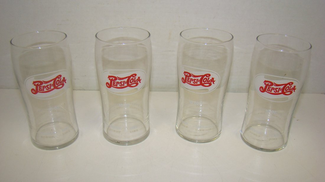 4 NOS SODA FOUNTAIN PEPSI GLASSES: SET OF 4 NOS PEPSI GLASSES FROM THE SAN FRANCISCO PHARMACY SODA FOUNTAIN - 5'' - SHOWS SYRUP LINE - GOOD CONDITION