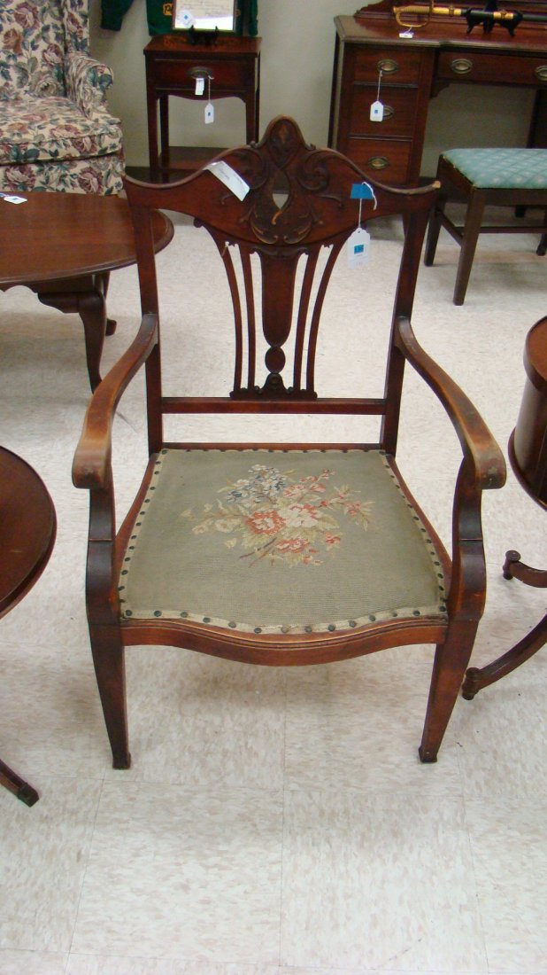 ANTIQUE CARVED FRAME NEEDLEPOINT SEAT ARM CHAIR (1 of 6)