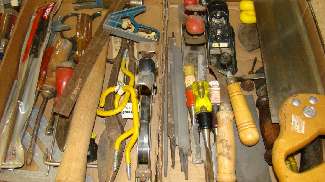 2 BOXES-NICE WOOD WORKING TOOLS & MORE: 2 BOXES - VARIOUS HAND TOOLS - NICE WOOD WORKING TOOLS - VARIOUS CHISELS - 2 SMALL METAL WOOD PLANES - MITER SAW - FILES - HATCHET - SCREWDRIVERS STAPLE GUN - HAMMER AND MORE - TOOLS CAN BE HEAVY SO S