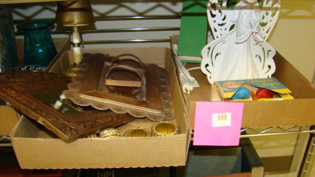 2 BOXES DECORATIVE ITEMS: 2 BOXES - VARIOUS DECORATIVE ITEMS - HAMMERED COPPER FRAMED WALL MIRROR - BEADED NAPKIN RINGS - LIGHTED CERAMIC ANGEL AND A SMALL BOX OF VINTAGE CHRISTMAS TREE BUBBLE LIGHTS