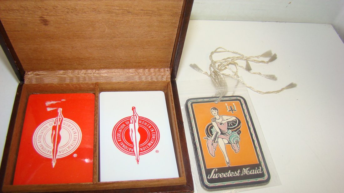 VTG LEATHER COVERED CARD BOX & TALLY CARDS: VINTAGE LEATHER COVERED TWO DECK CARD BOX - 2 VINTAGE DECKS OF WOMEN IN CONSTRUCTION PLAYING CARDS AND 7 DECO STYLE SWEETEST MAID CANDIES TALLY CARDS
