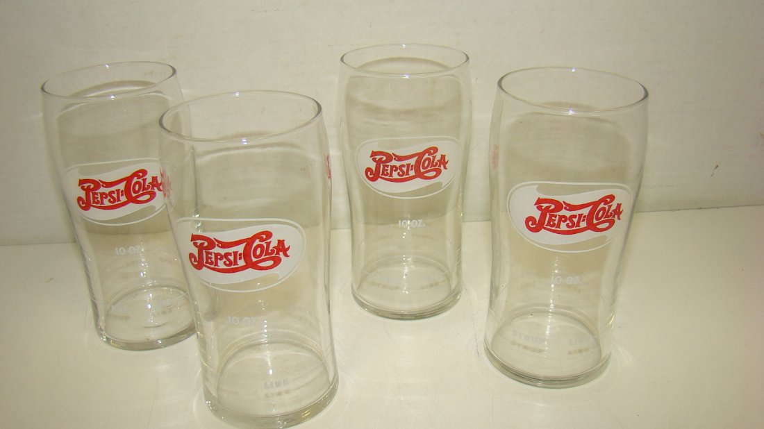 4 NOS PHARMACY SODA FOUNTAIN PEPSI GLASSES: SET OF 4 NOS SAN FRANCISCO PHARMACY SODA FOUNTAIN PEPSI GLASSES - SHOWS SYRUP LINE - 5'' TALL