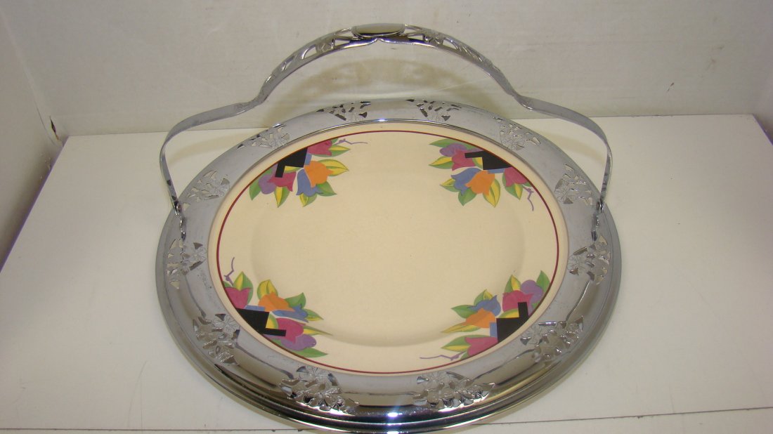 FARBER & LEIGH ''UMBERTONE'' SERVING TRAY: VINTAGE FARBER AND LEIGH ''UMBERTONE'' DECO STYLE SERVING TRAY - PIERCED METAL BORDER AND HANDLE - INSIDE PLATE - APPROX 12''x 8''
